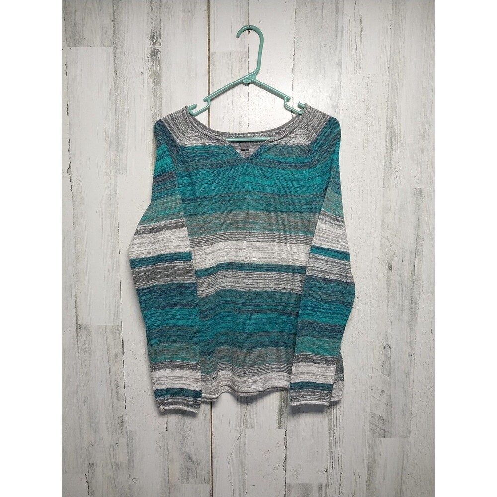 Eddie Bauer Womens Pullover Sweater Large Blue Striped Serape Grey Long Sleeve